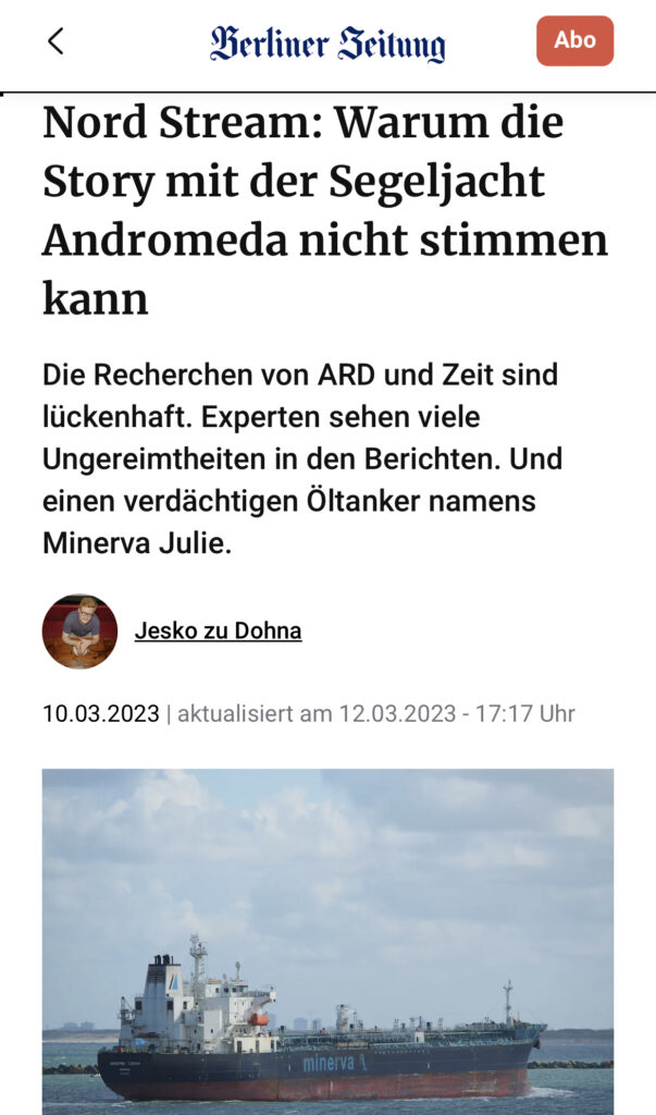 Screenshot der Berliner Zeitung: "Nord Stream: Warum die Story mit der Segeljacht Andromeda nicht stimmen kann".