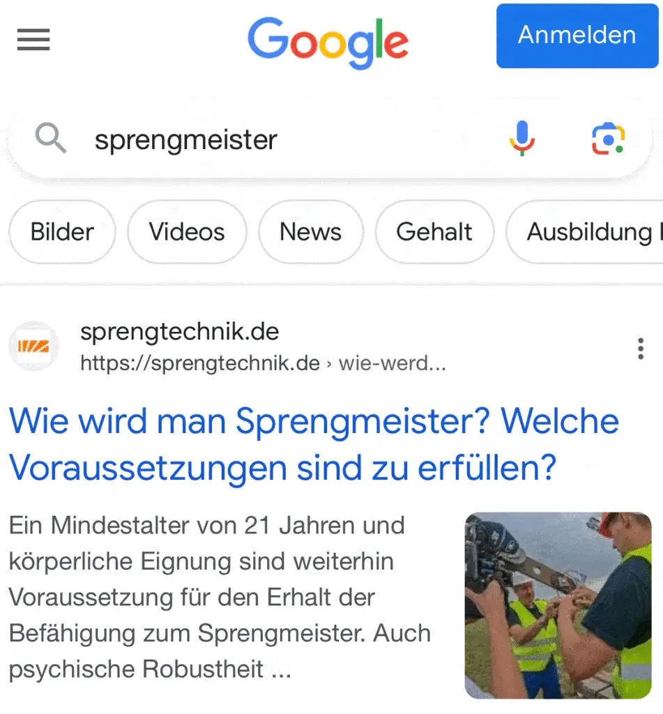 Bei der Google-Suche nach Sprengmeister wird mein Beitrag auf sprengtechnik.de zuerst vorgeschlagen. Dies soll als Beispiel verdeutlichen, dass aktuelle Formen zu Gendern Frauen bei der Google-Suche benachteiligen.