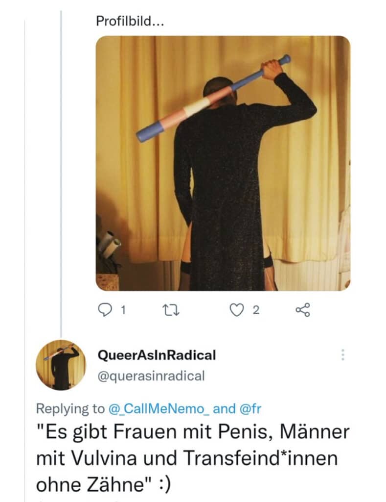 Eine "queere" Person mit Baseballschläger, welcher in den Farben der Transsexuellen-Bewegung lackiert ist, postet auf X: "Es gibt Frauen mit Penis, Männer mit Vulvina und Transfeind*innen ohne Zähne :)"