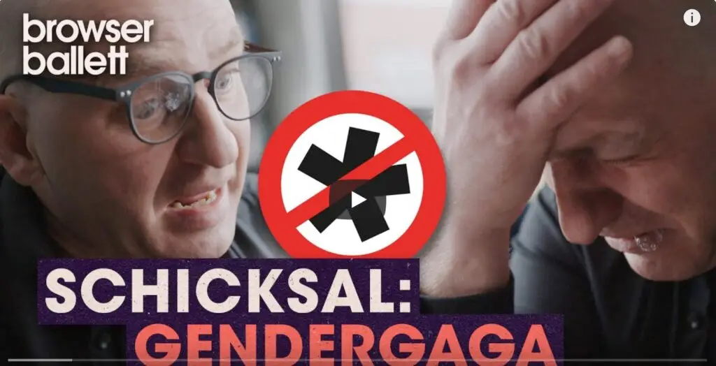 Screenshot des Video-Beitrages des ÖRR-Formats Browser-Ballett zu Gendern. Zu sehen sind zwei Männer, beide werden mit verzweifelten Gesichtsausdruck bzw. Mimik dargestellt. In der Mitte ist ein durchgestrichener Gender-Stern. Die Bildunterschrift lautet: "Schicksal: Gendergaga"