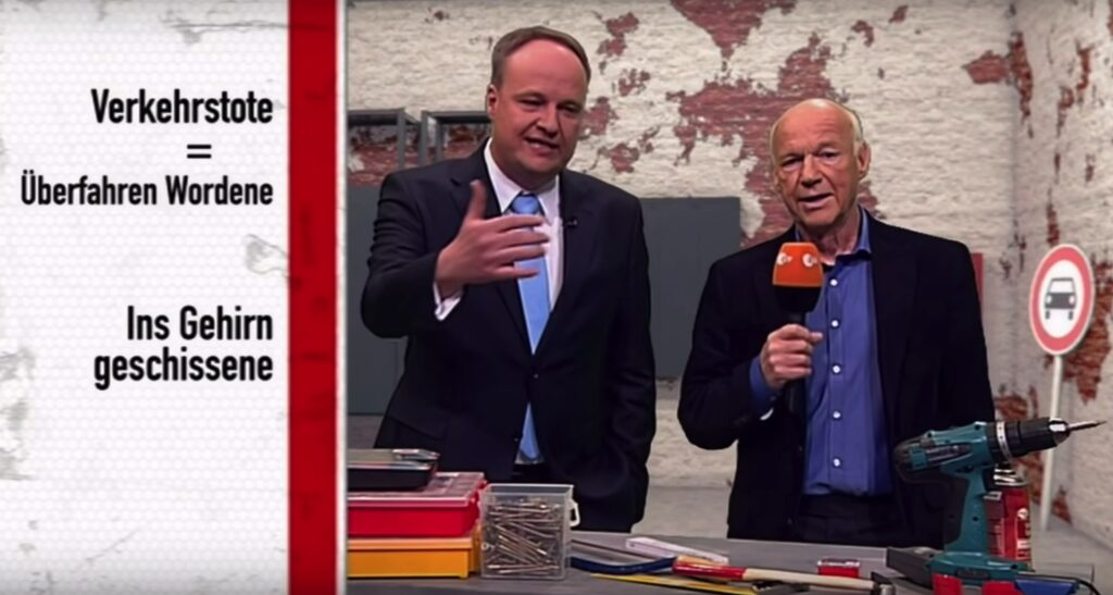 Screenshot der ZDF-Heute-Show vom 5.4.2013. Dort heißt es zum Thema Gendern: "Verkehrstote = Überfahren Wordene" und "Ins Gehirn geschissene".