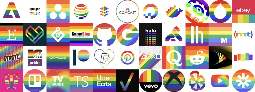 Zahlreiche Logos, darunter bekannte Firmen wie Vodafone, eBay, Telekom, werden in Regenbogenfarben dargestellt.